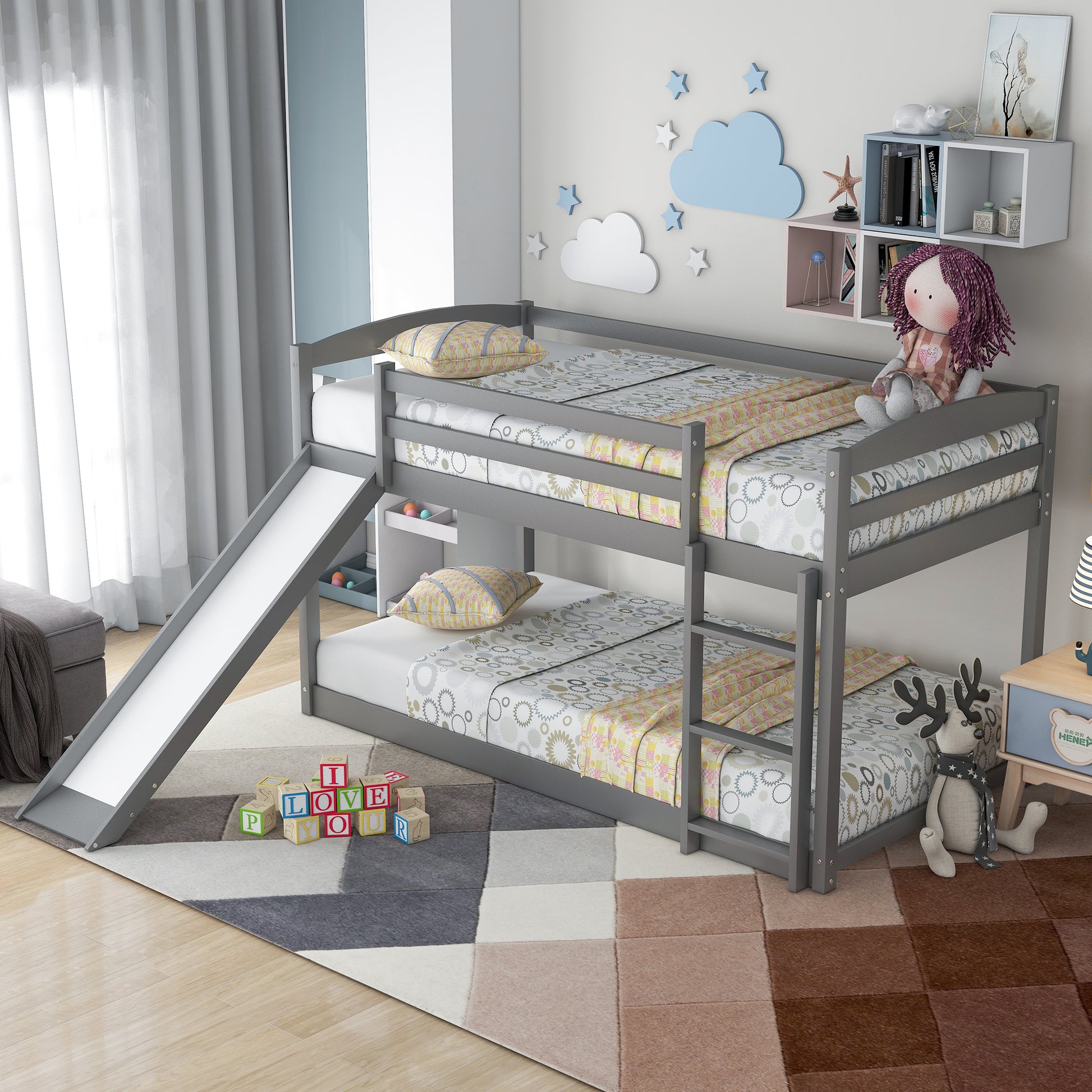 WM Store Twin over Twin Bunk Bed with Convertible Slide and Ladder