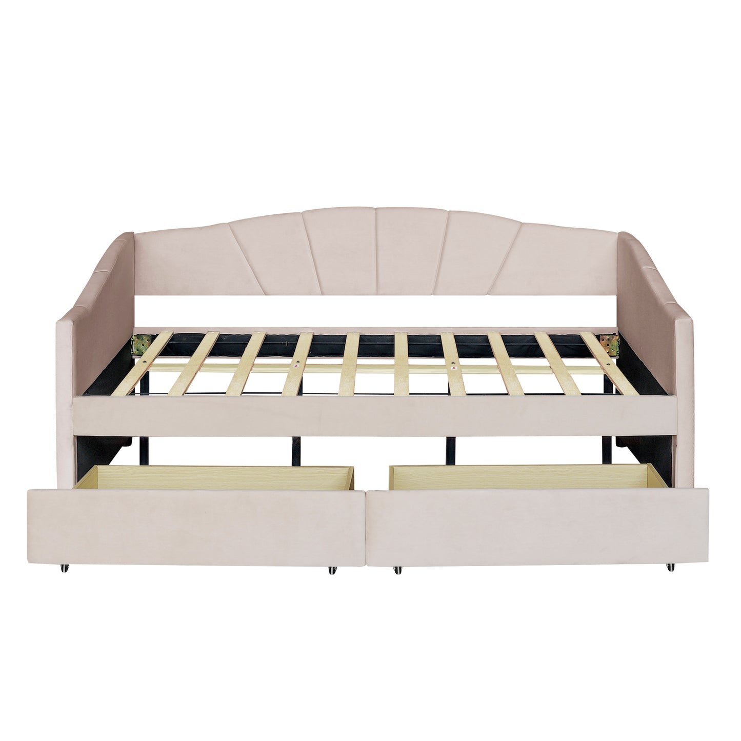 Upholstered daybed Twin Size with Two Drawers and Wood Slat ,Beige