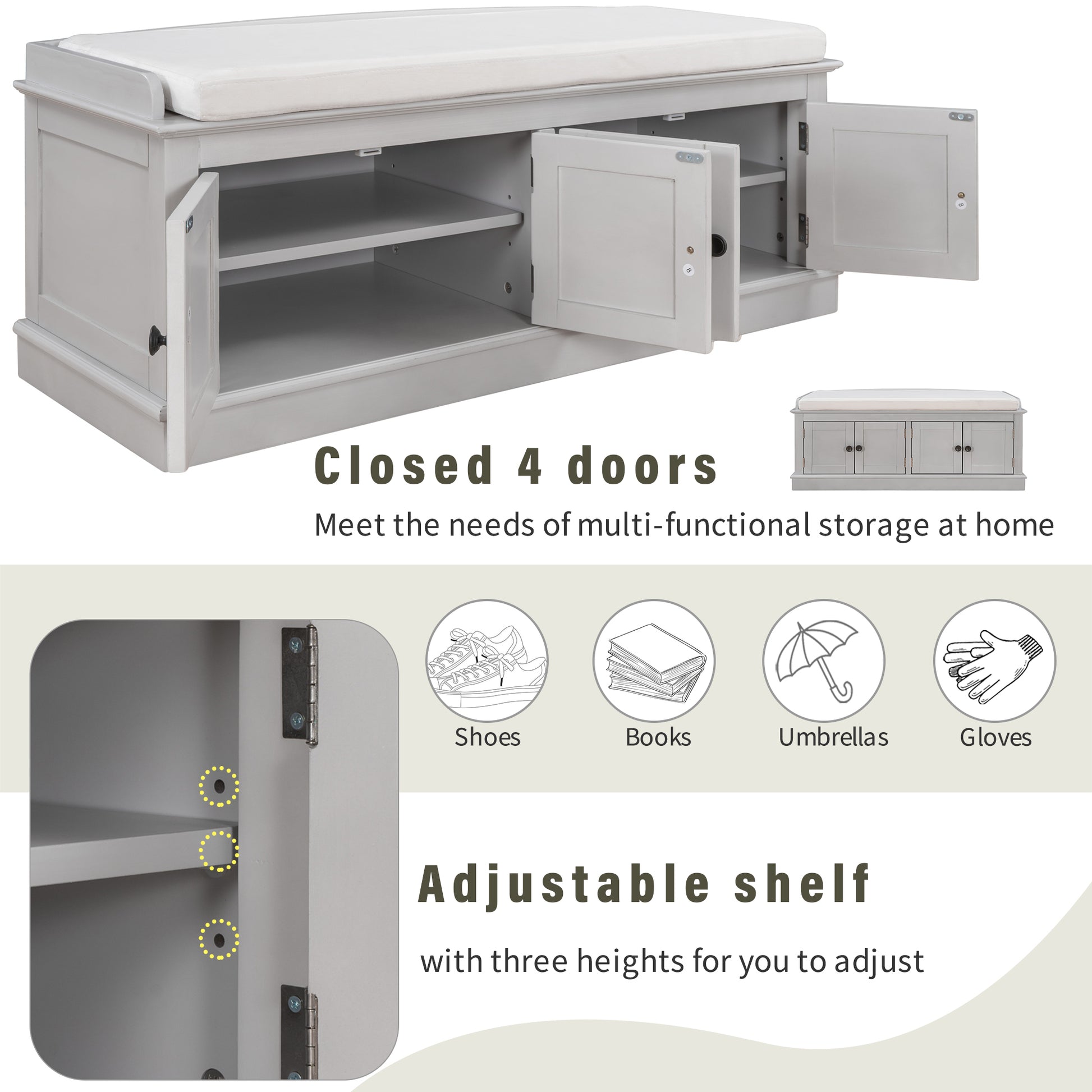 TREXM Storage Bench with 4 Doors and Adjustable Shelves - Gray