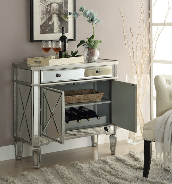 Crysalis Silver-Mirrored Finish Cabinet With Wine Storage