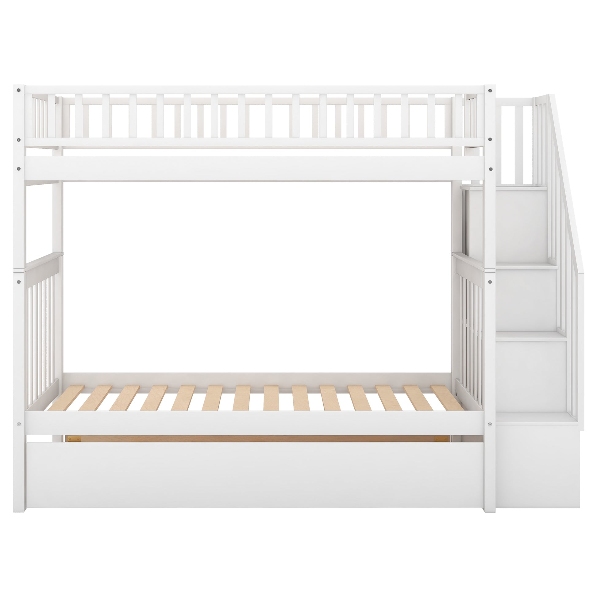 WM Store Twin over Twin Bunk Bed with Trundle and Storage, White