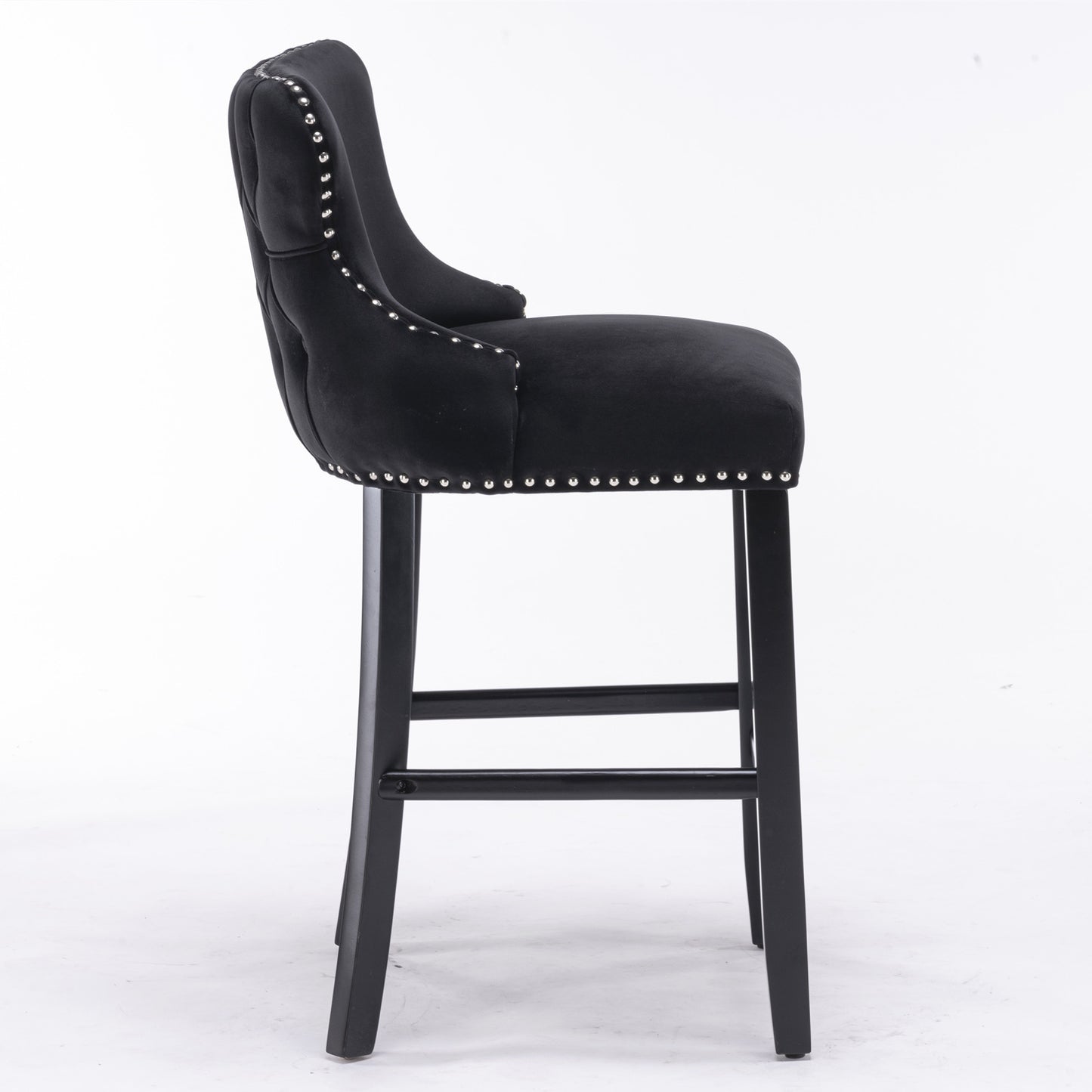 Contemporary Black Velvet Upholstered Wing-Back Counter Height with Button Tufted Decoration and Wooden Legs Set of 2