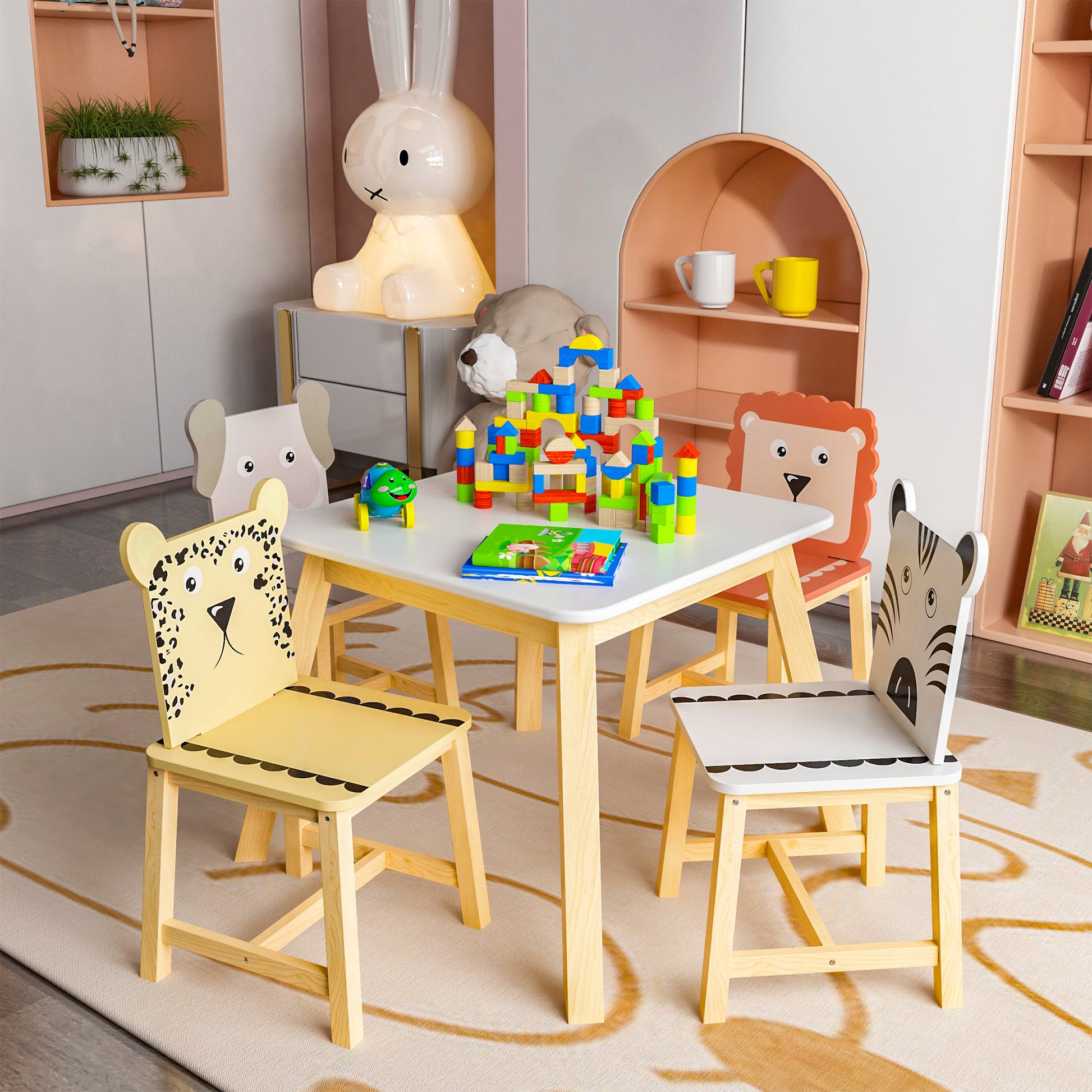 Moonriver Kids Wood Table with 4 Chairs Set Cartoon Animals