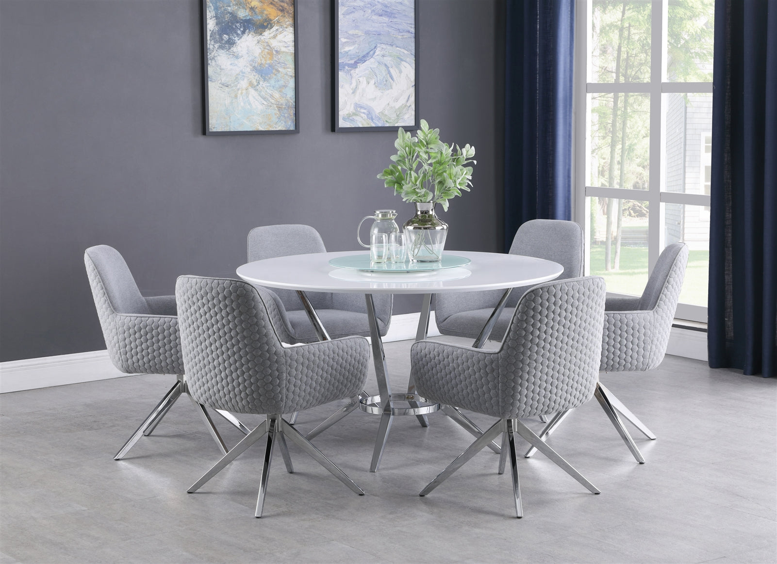 Abby Contemporary 5 Piece Dining Set w- Swivel Chairs & Lazy Susan