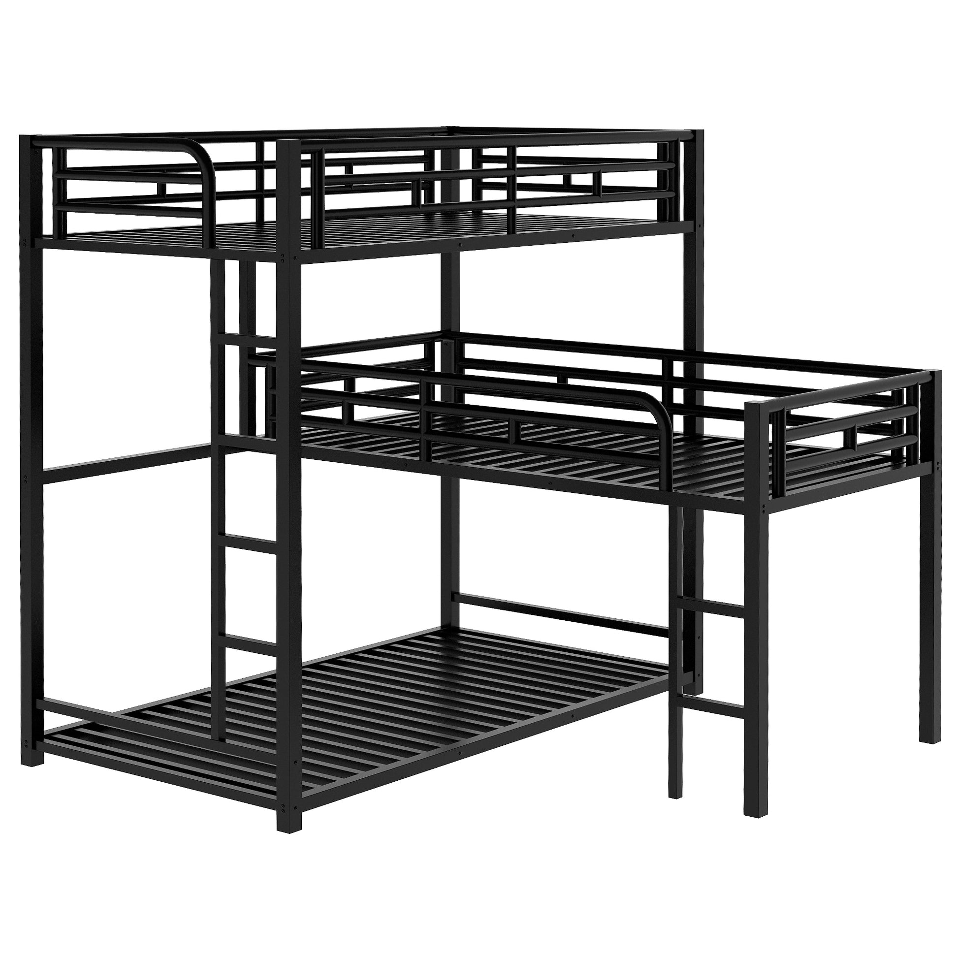 WM Store L-shaped Metal Triple Twin Size Bunk Bed, Black