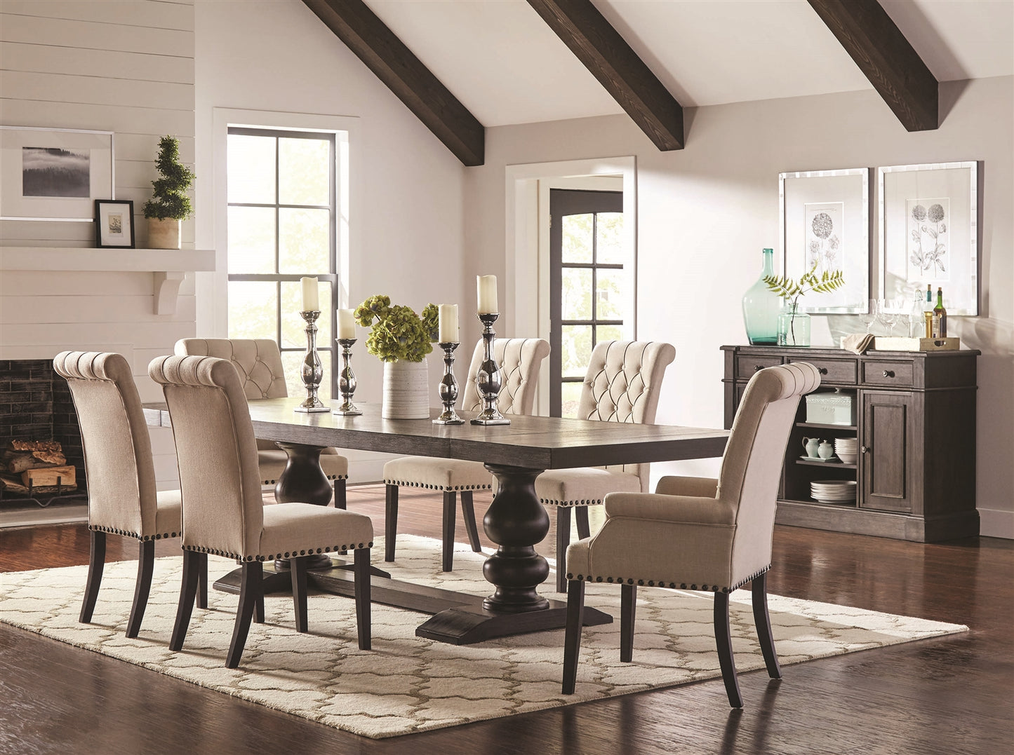Phelps 7 Piece Traditional Antique Noir Dining Set with Beige Linen Chairs