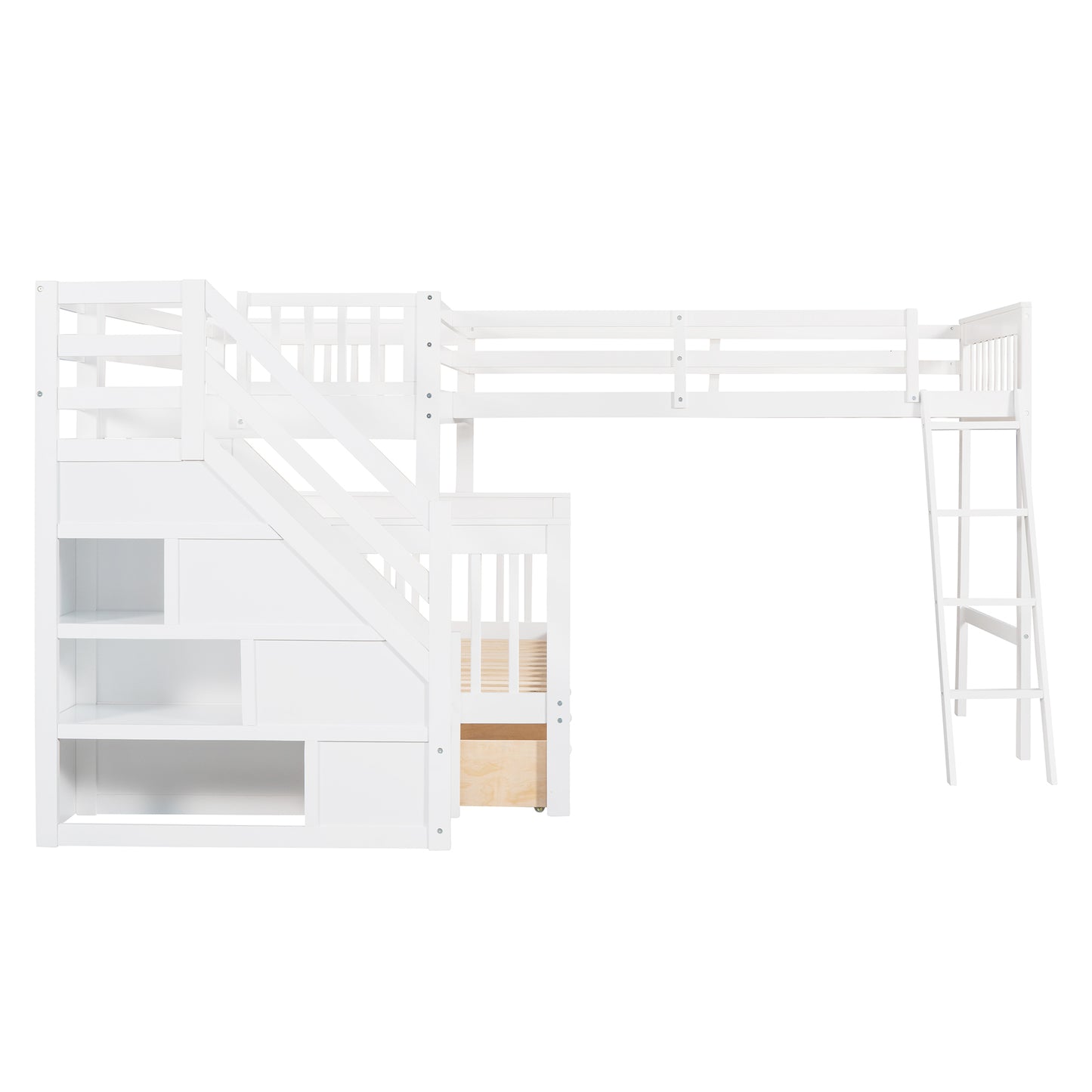 Twin over Full L-Shaped Bunk Bed With 3 Drawers, Ladder and Staircase - White