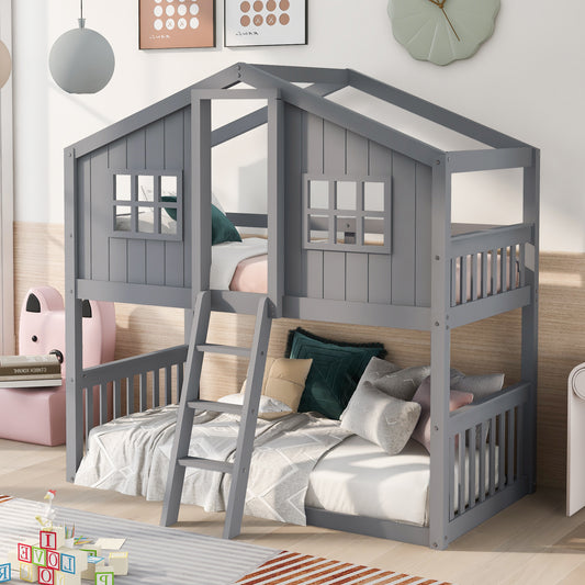 Homey Life Twin Over Twin House Bunk Bed With Ladder, Wood Bed-Gray