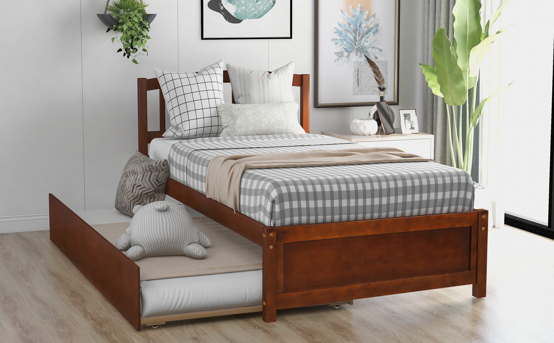 Twin size Platform Bed Wood Bed Frame with Trundle, Walnut