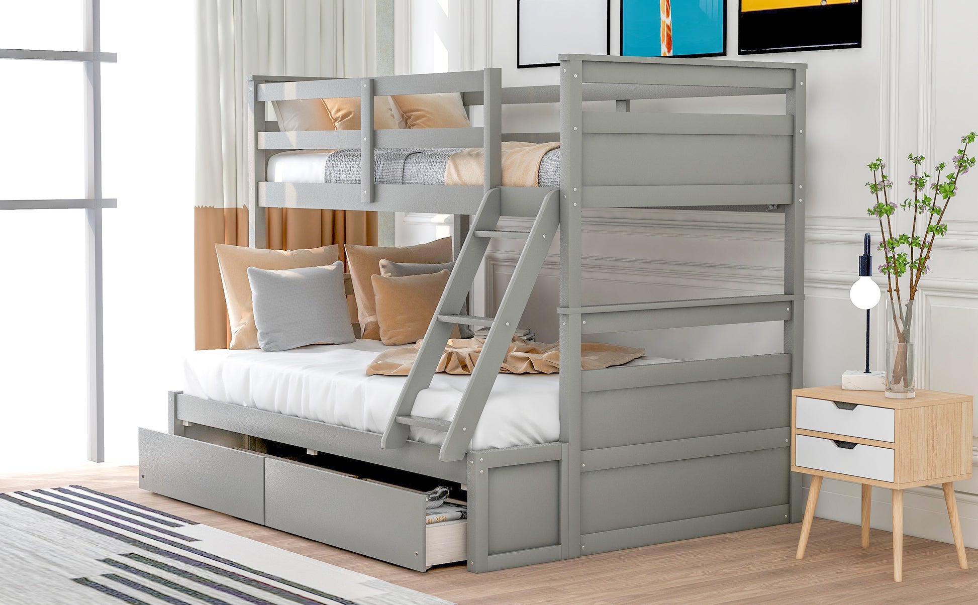 Twin over Full Bunk Bed with Storage - Gray