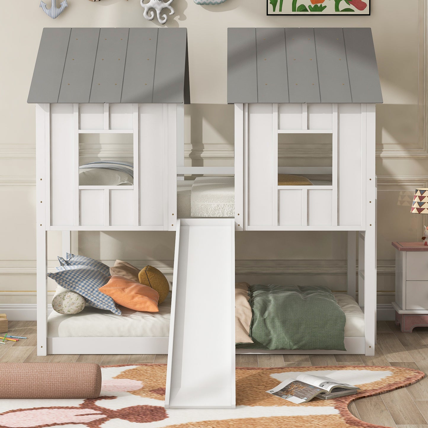Twin over Twin House Bunk Bed with Slide and Windows,White