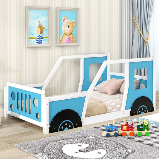 WM Store Twin Size Classic Car-Shaped Platform Bed with Wheels,Blue
