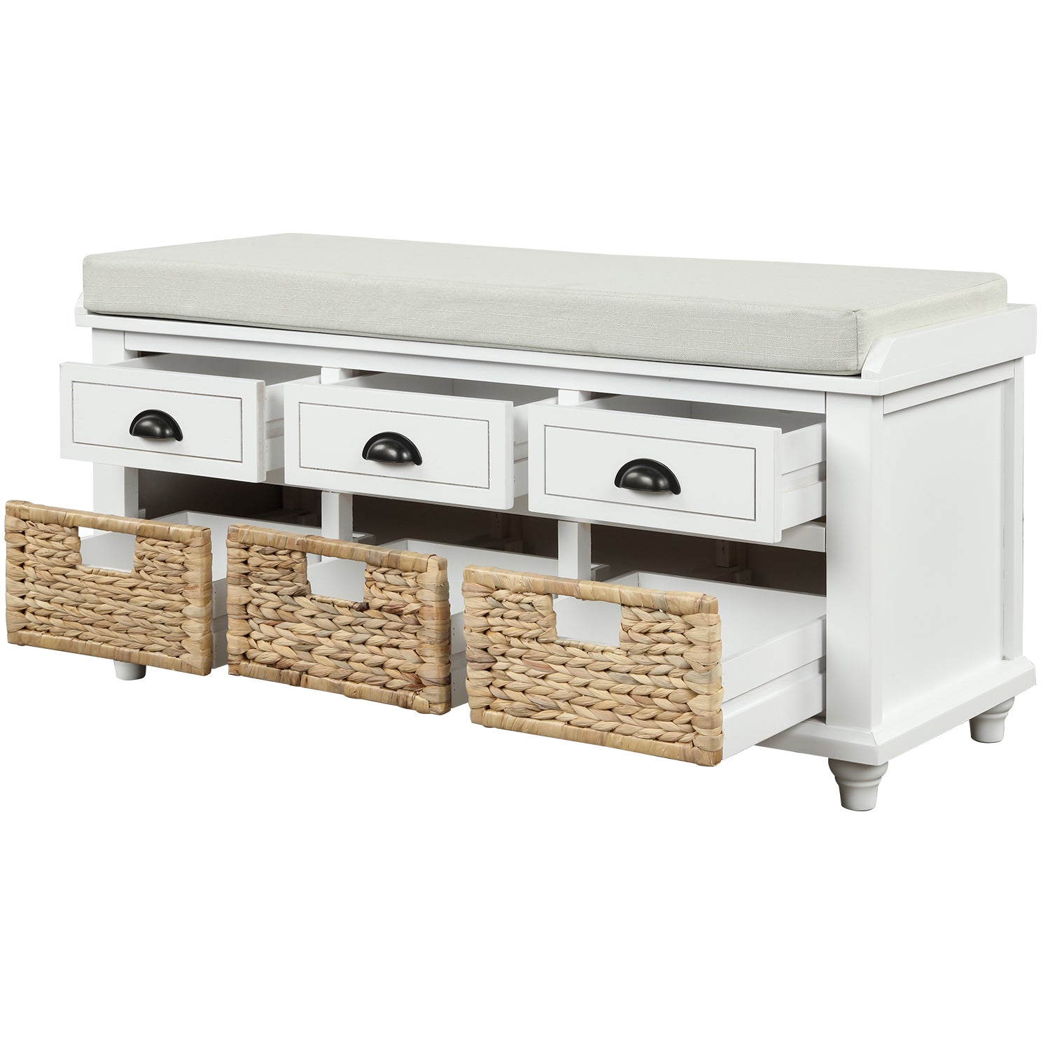 TREXM Rustic Storage Bench with 3 Drawers and 3 Rattan Baskets - White