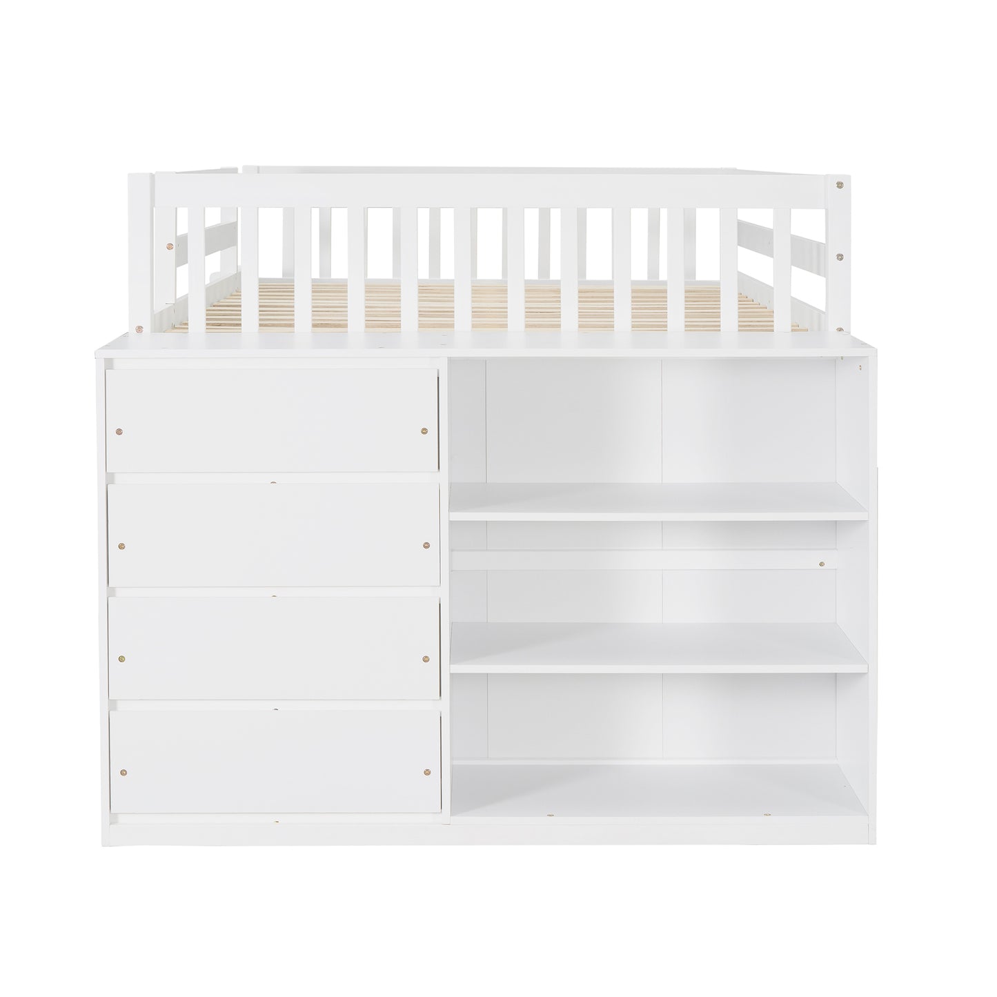 Full over Full Bunk Bed with 4 Drawers and 3 Shelves-White