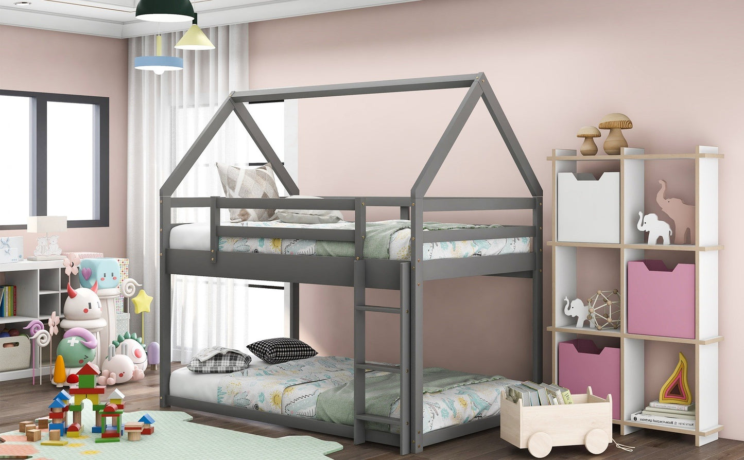 Twin over Twin Low Bunk Bed, House Bed with Ladder , Gray