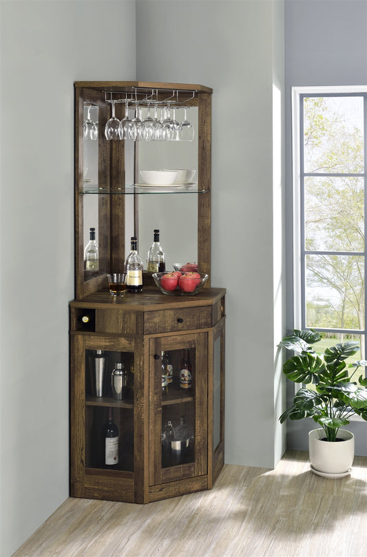 Corner Bar Cabinet With Stemware Rack Rustic Oak