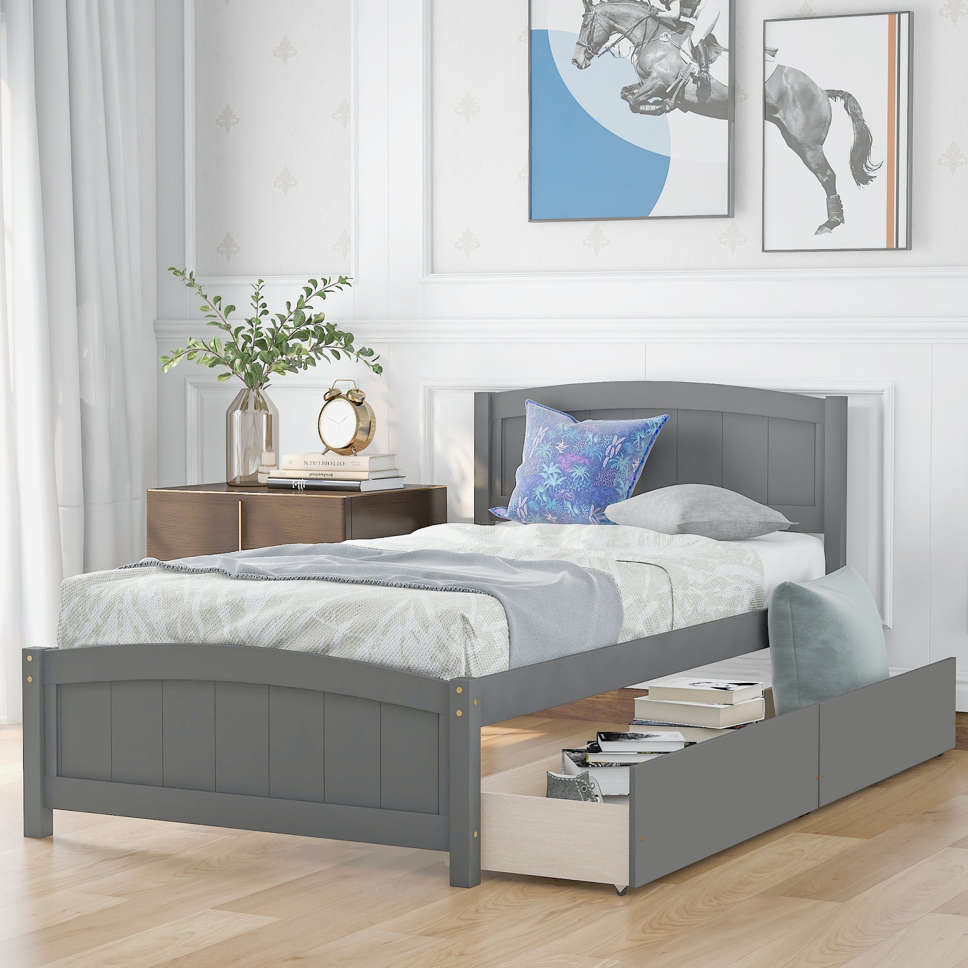 Twin size Platform Bed with Two Drawers, Gray