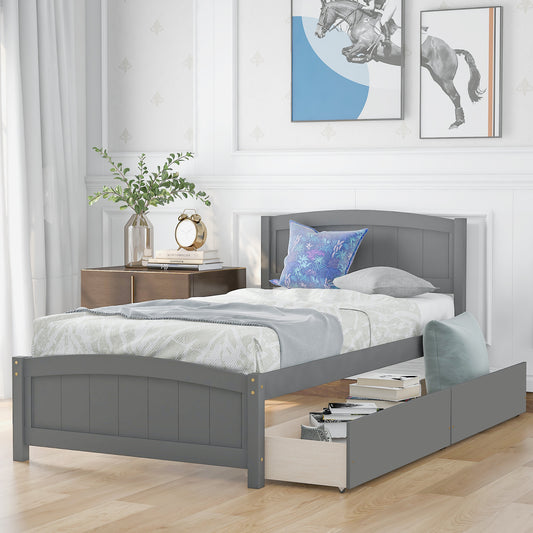 Homey Life Twin size Platform Bed with Two Drawers, Gray
