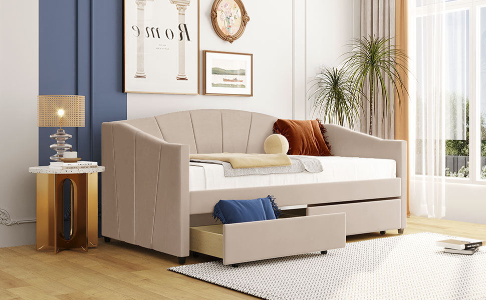 Homey Life Upholstered daybed Twin Size with Two Drawers and Wood Slat ,Beige