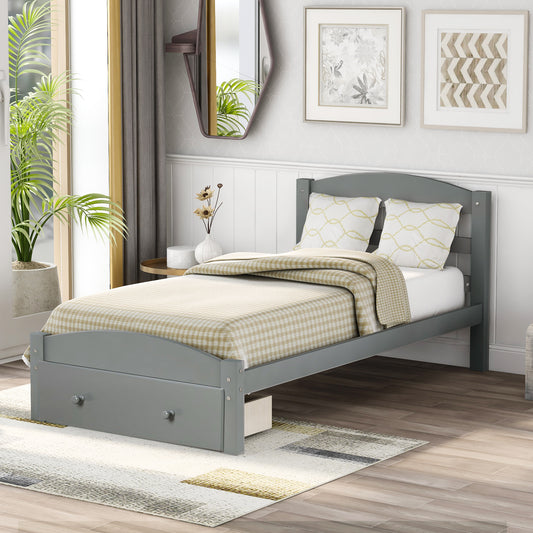 Homey Life Twin Platform Bed with Storage Drawer in Gray