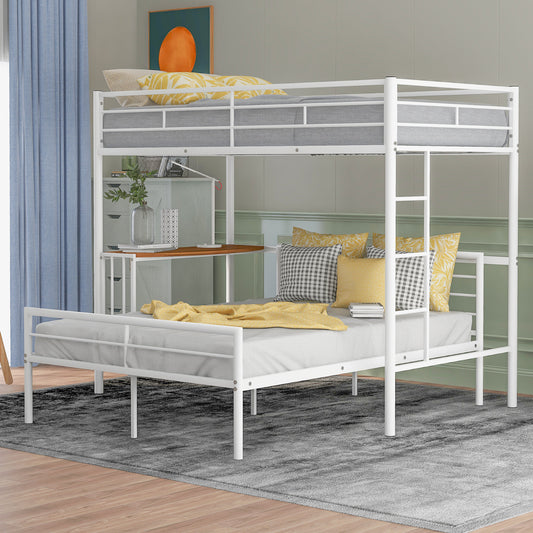 Homey Life Twin Over Full Metal Bunk Bed with Desk & Ladder in White