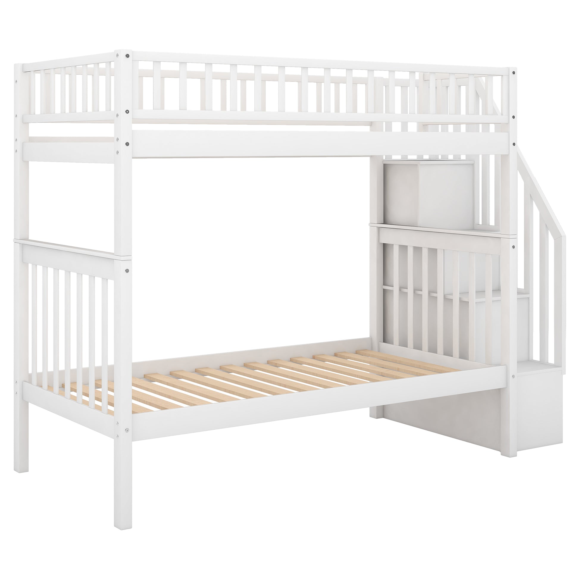 Twin over Twin Bunk Bed with Trundle and Storage, White