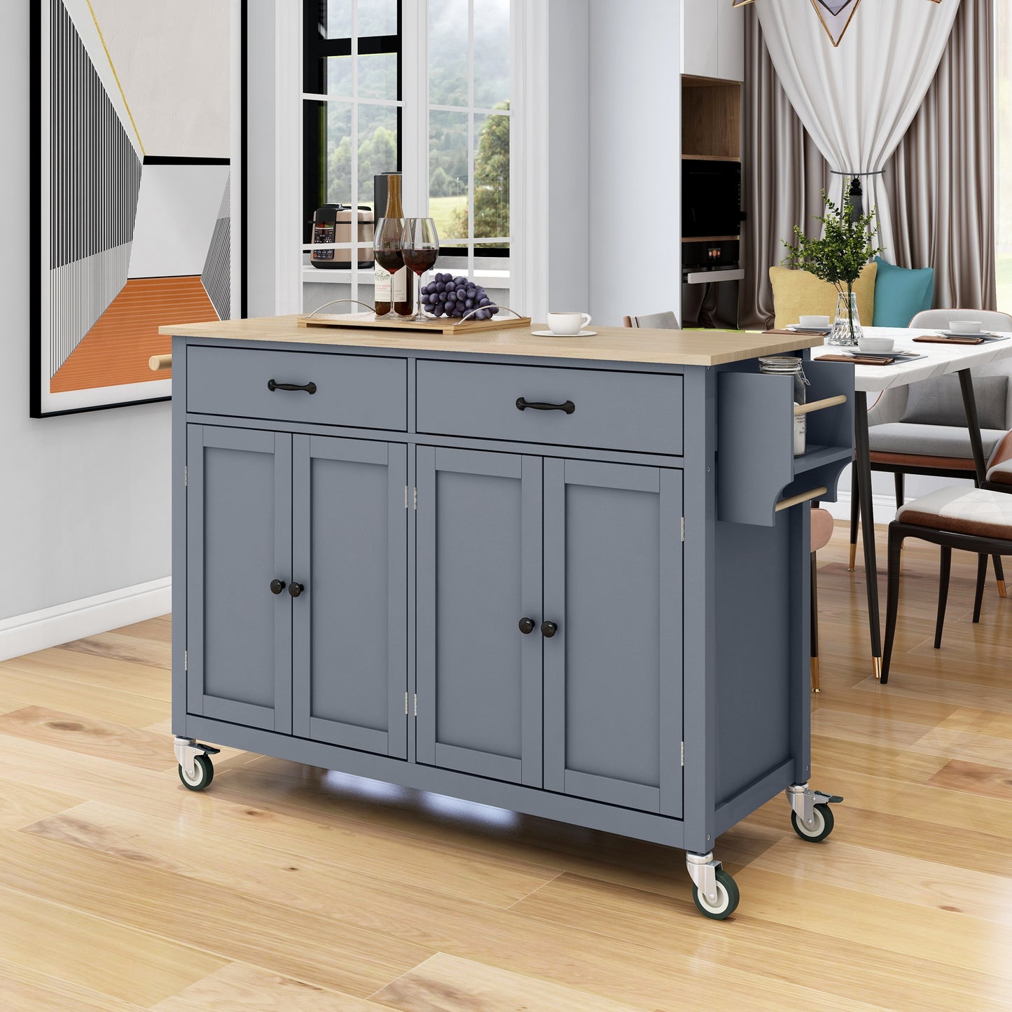 K&K Mobile Kitchen Island Cart with Solid Wood Top- Gray Blue