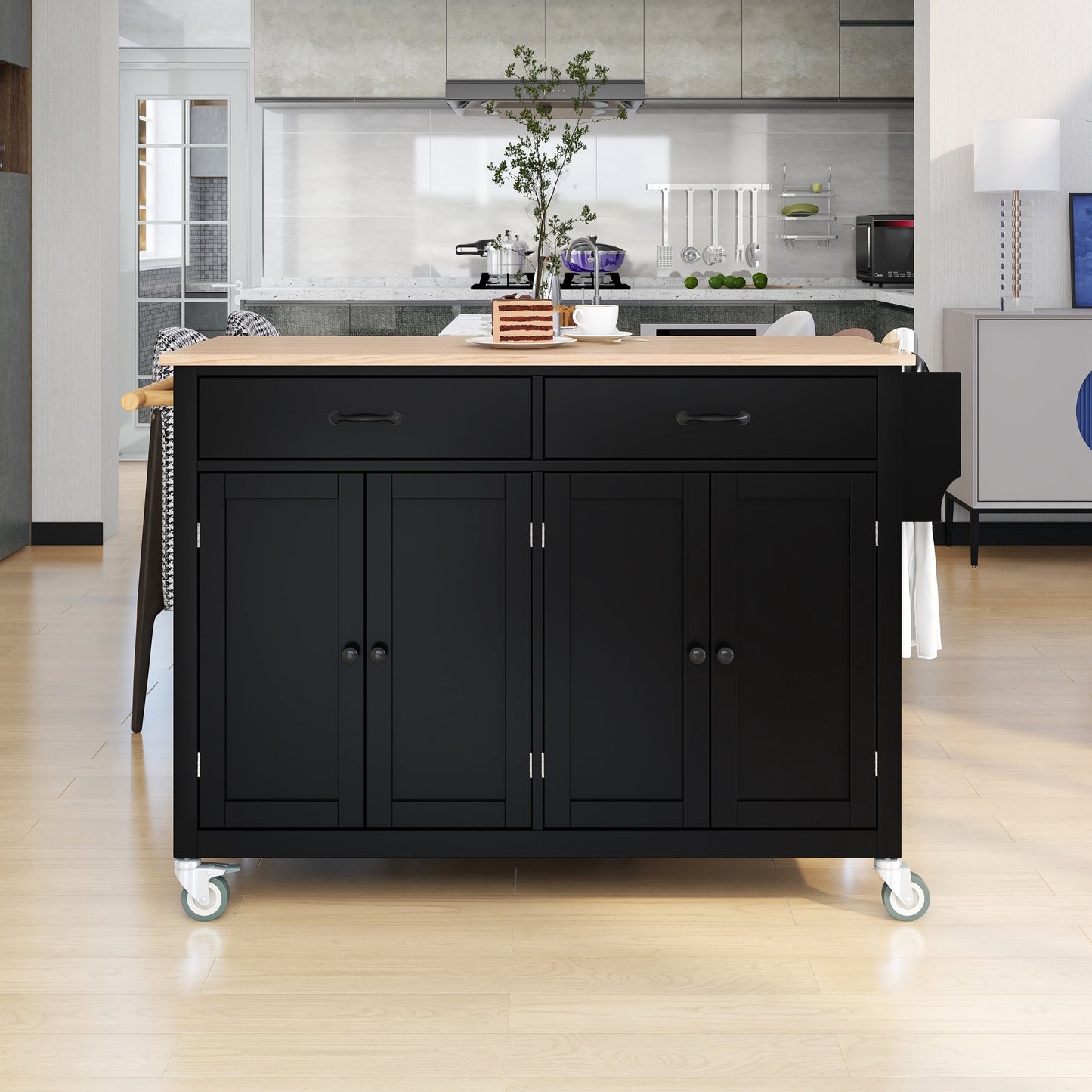 K&K Mobile Kitchen Island Cart with Solid Wood Top- Black