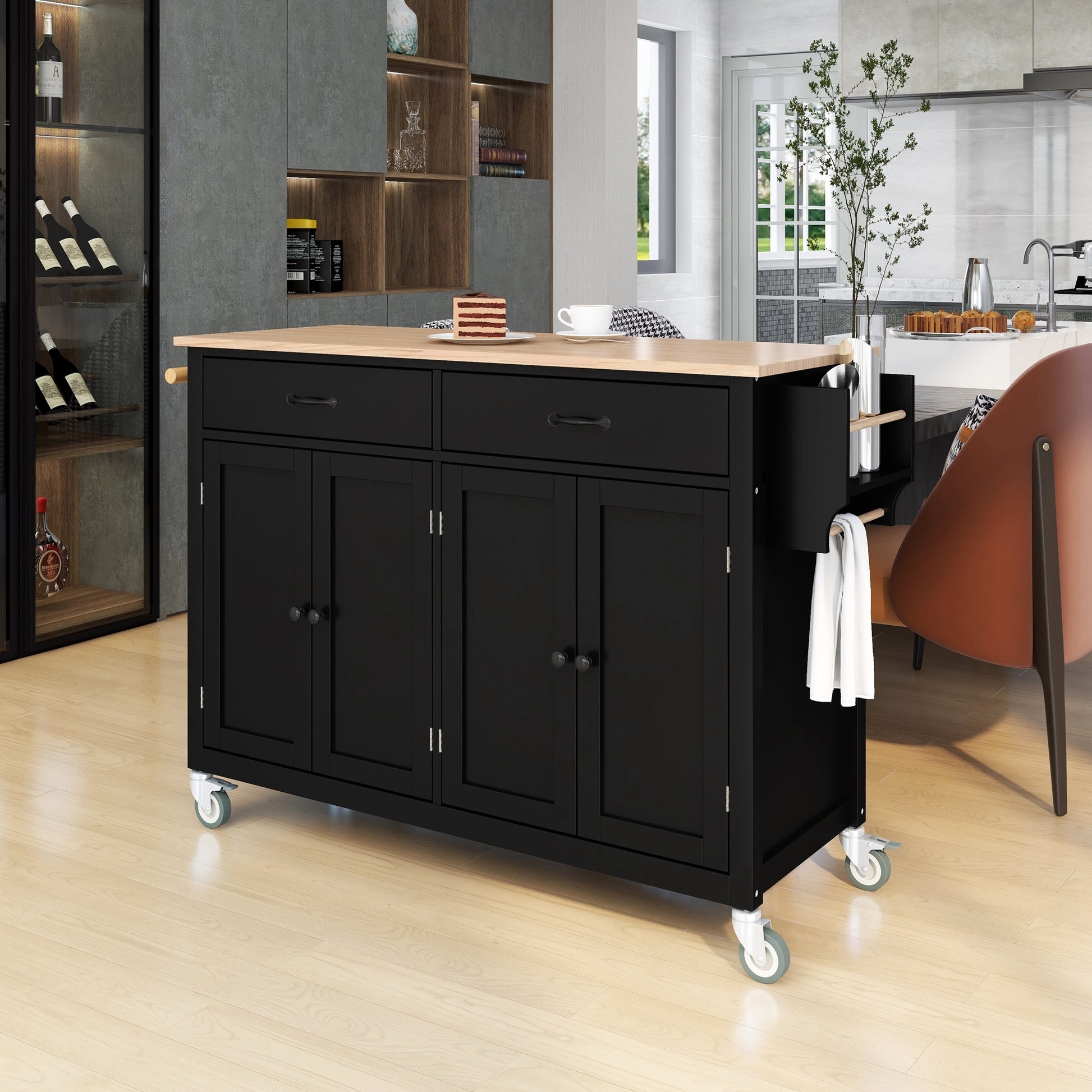 K&K Mobile Kitchen Island Cart with Solid Wood Top- Black