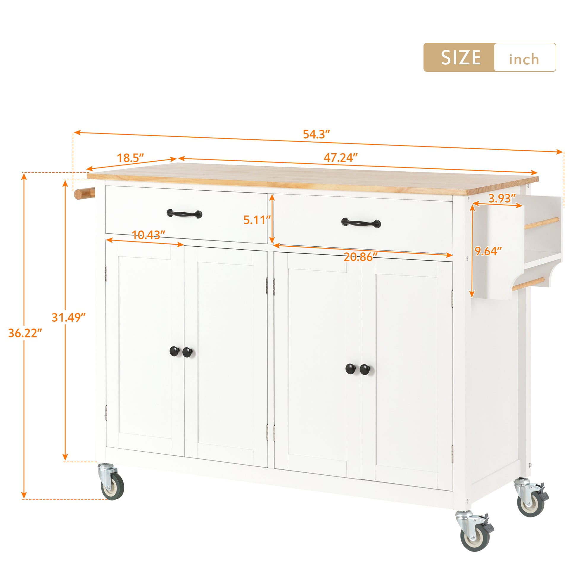 K&K Mobile Kitchen Island Cart with Solid Wood Top- White