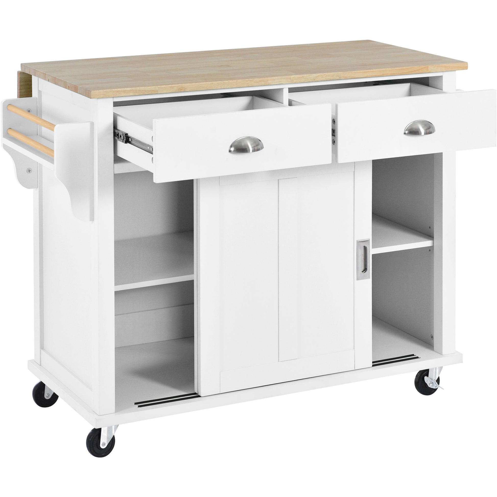 K&K Mobile Kitchen Island Cart with Solid Wood Top- White