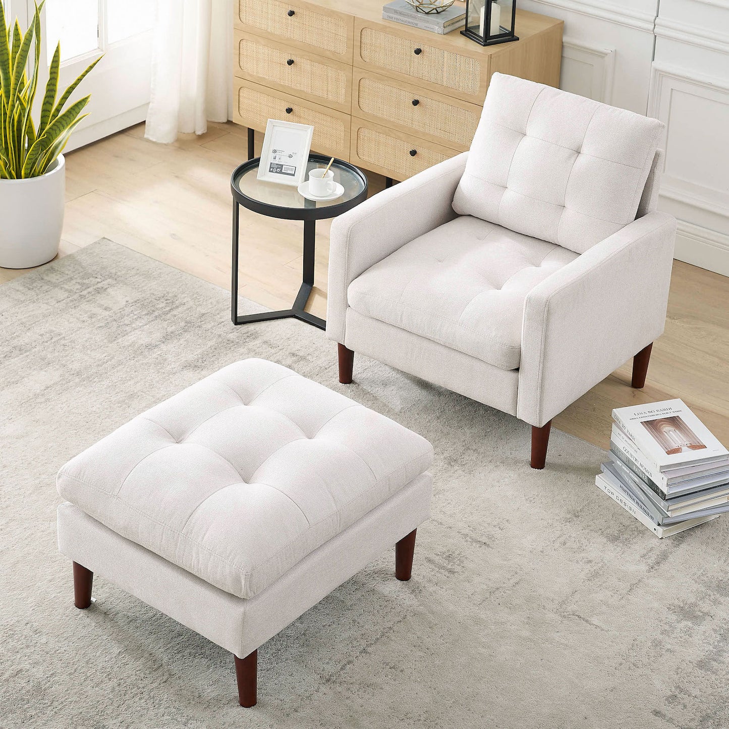 Welike Modern Upholstered Sofa Chair & Ottoman Set - Beige