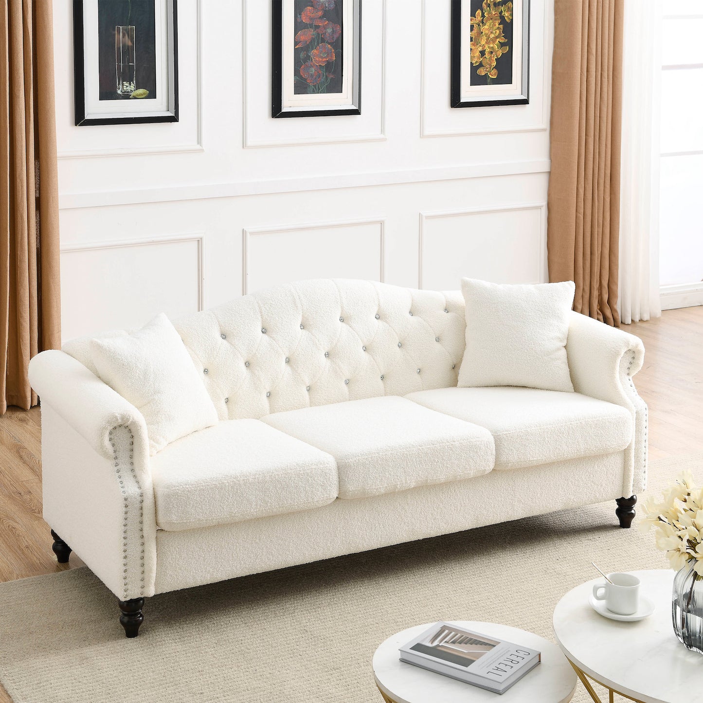 79" Chesterfield Sofa in Plush White Teddy Fabric