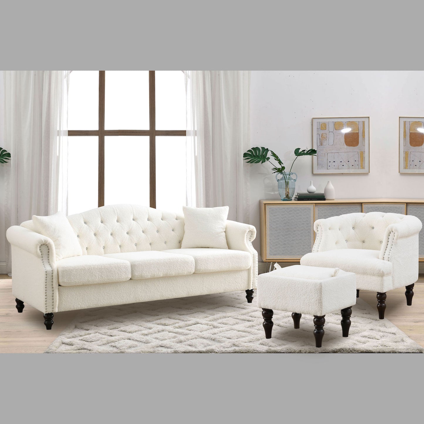 79" Chesterfield Sofa in Plush White Teddy Fabric
