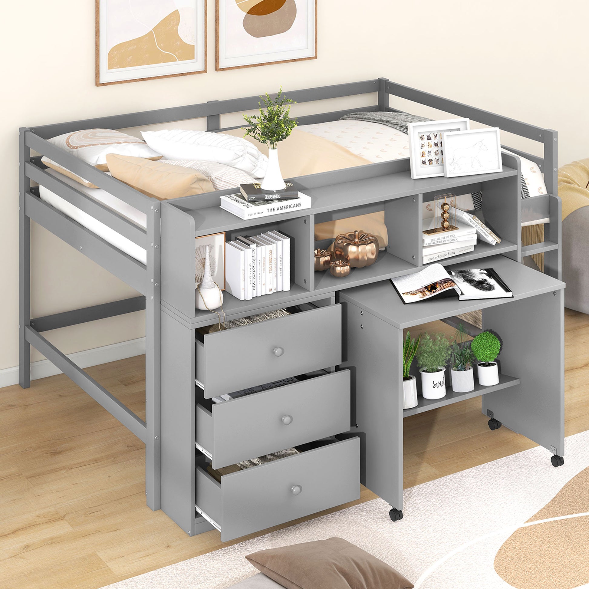 WM Store Full Size Low Loft Bed with Rolling Portable Desk, Drawers and Shelves, Gray
