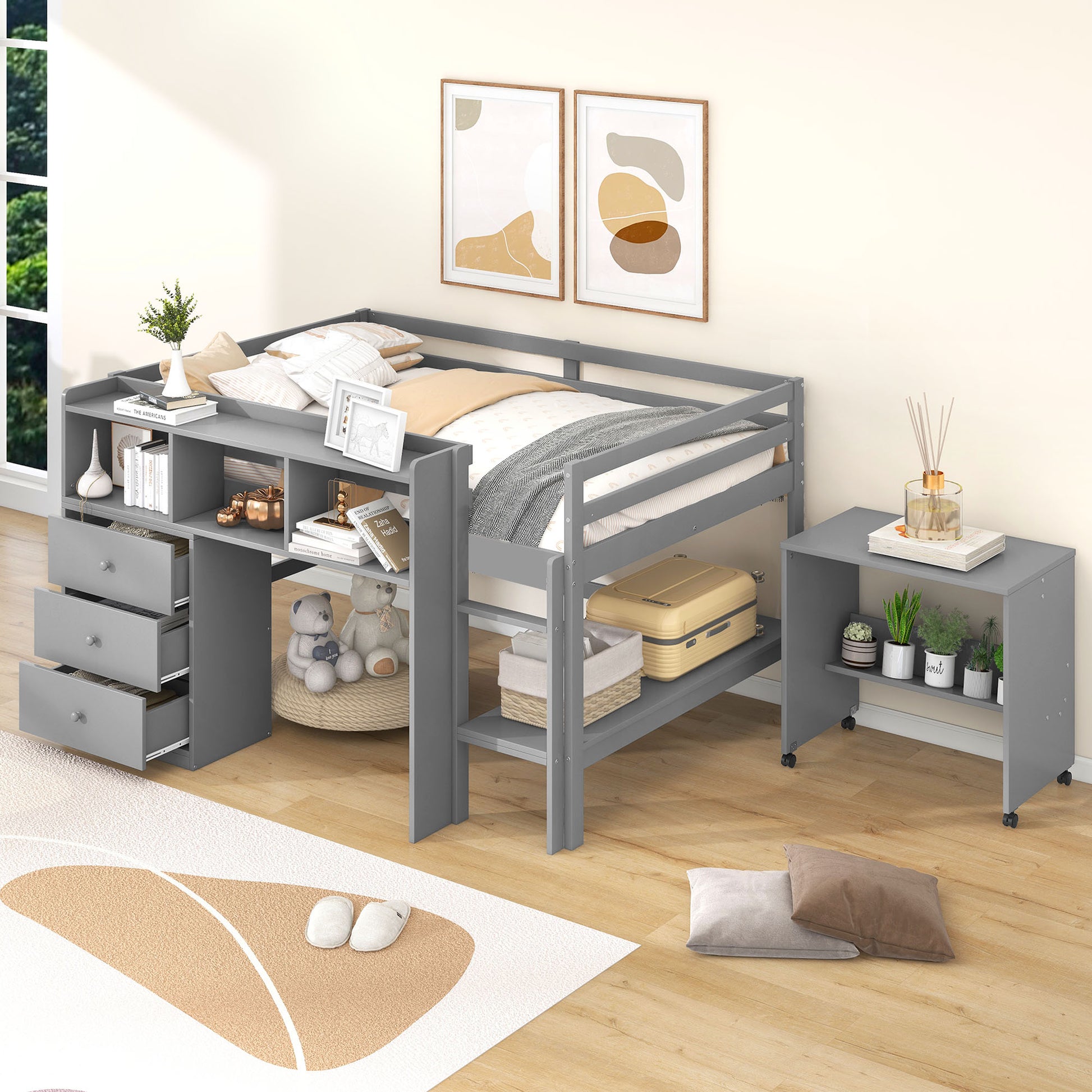 WM Store Full Size Low Loft Bed with Rolling Portable Desk, Drawers and Shelves, Gray