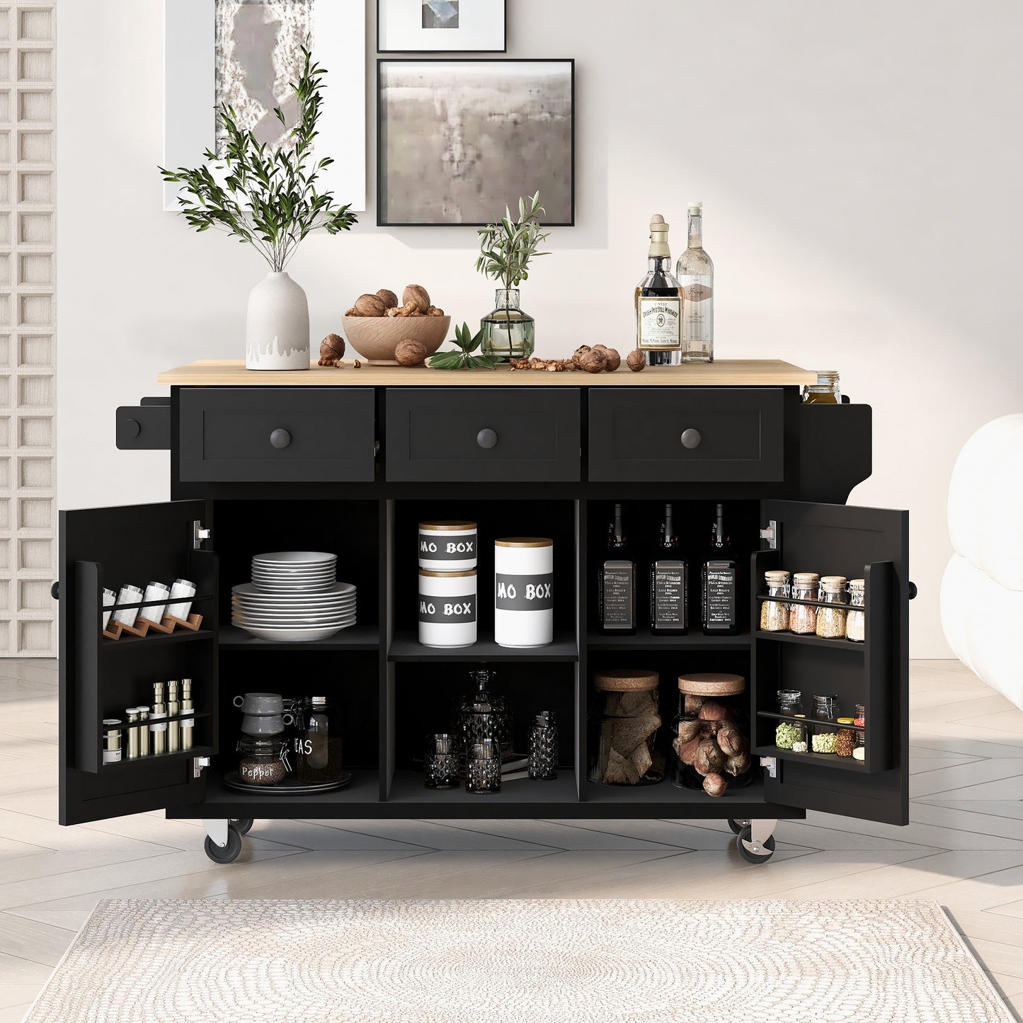 K&K Mobile Kitchen Island Cart with Drop Leaf- Black