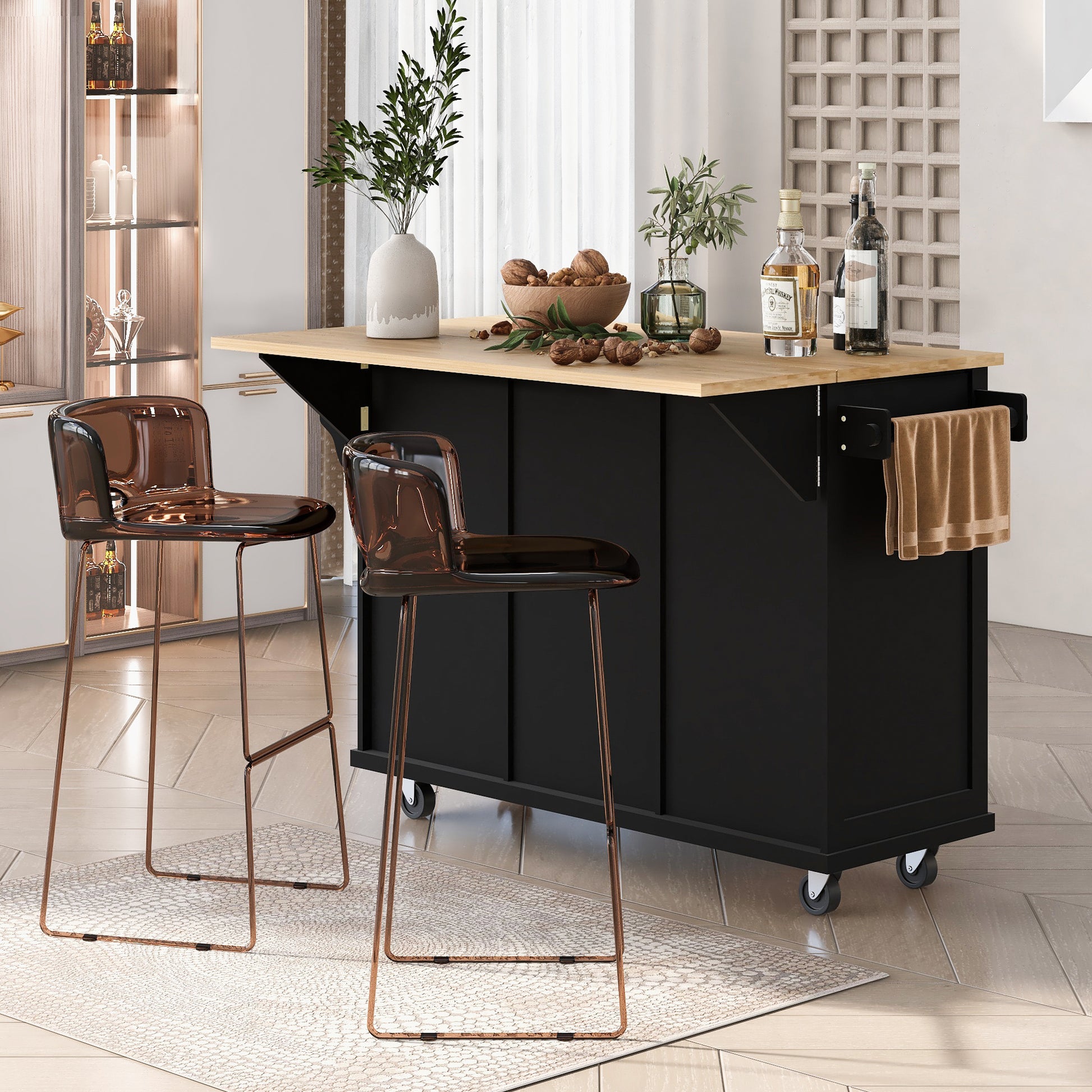 K&K Mobile Kitchen Island Cart with Drop Leaf- Black