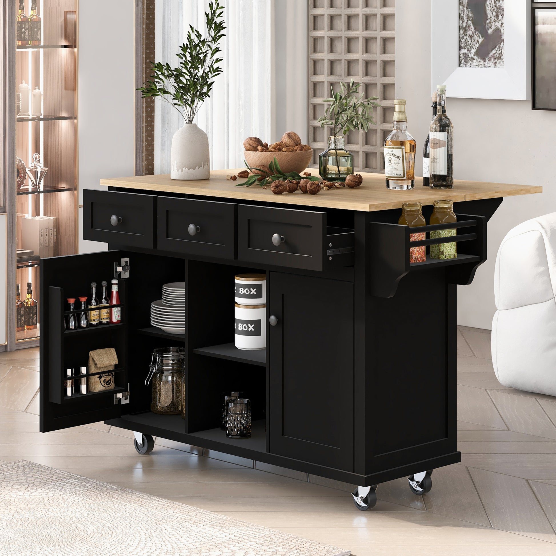 K&K Mobile Kitchen Island Cart with Drop Leaf- Black
