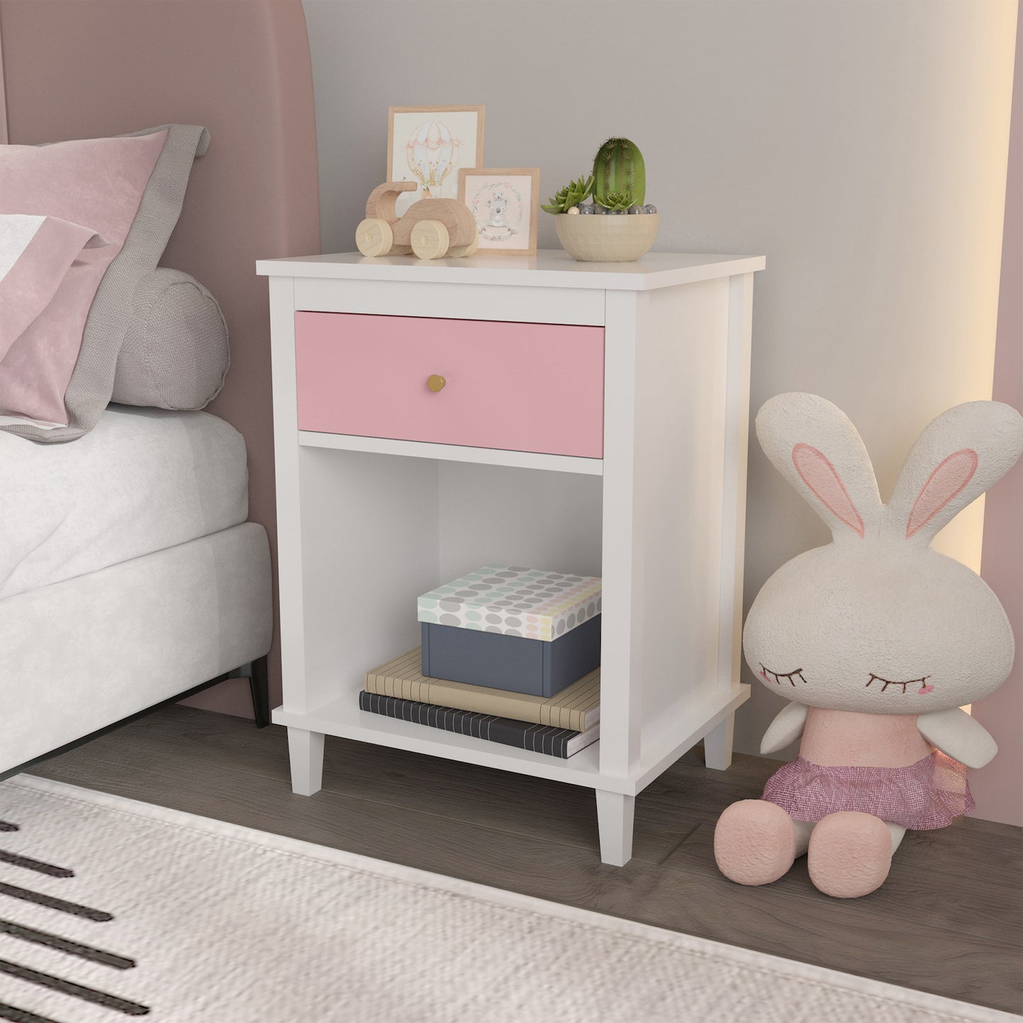 Moonriver Wooden Youth Nightstand - White & Pink