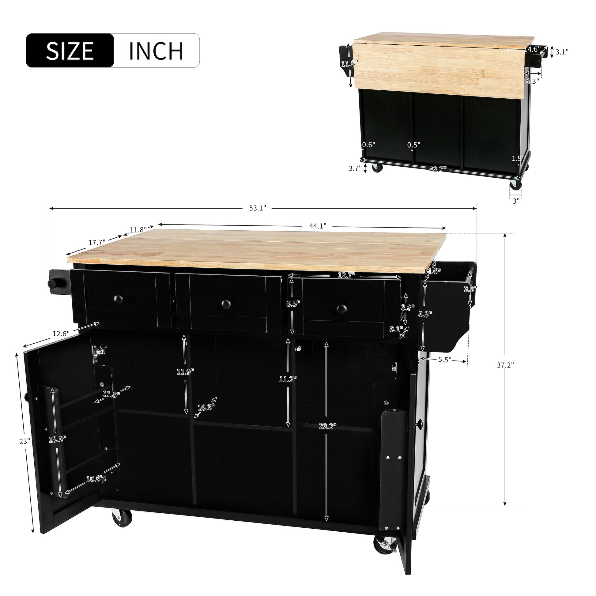 K&K Mobile Kitchen Island Cart with Drop Leaf- Black