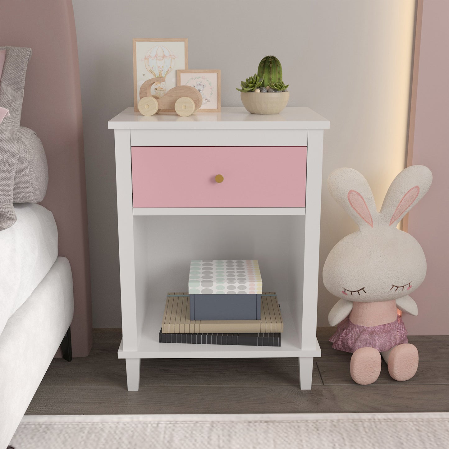 Moonriver Wooden Youth Nightstand - White & Pink