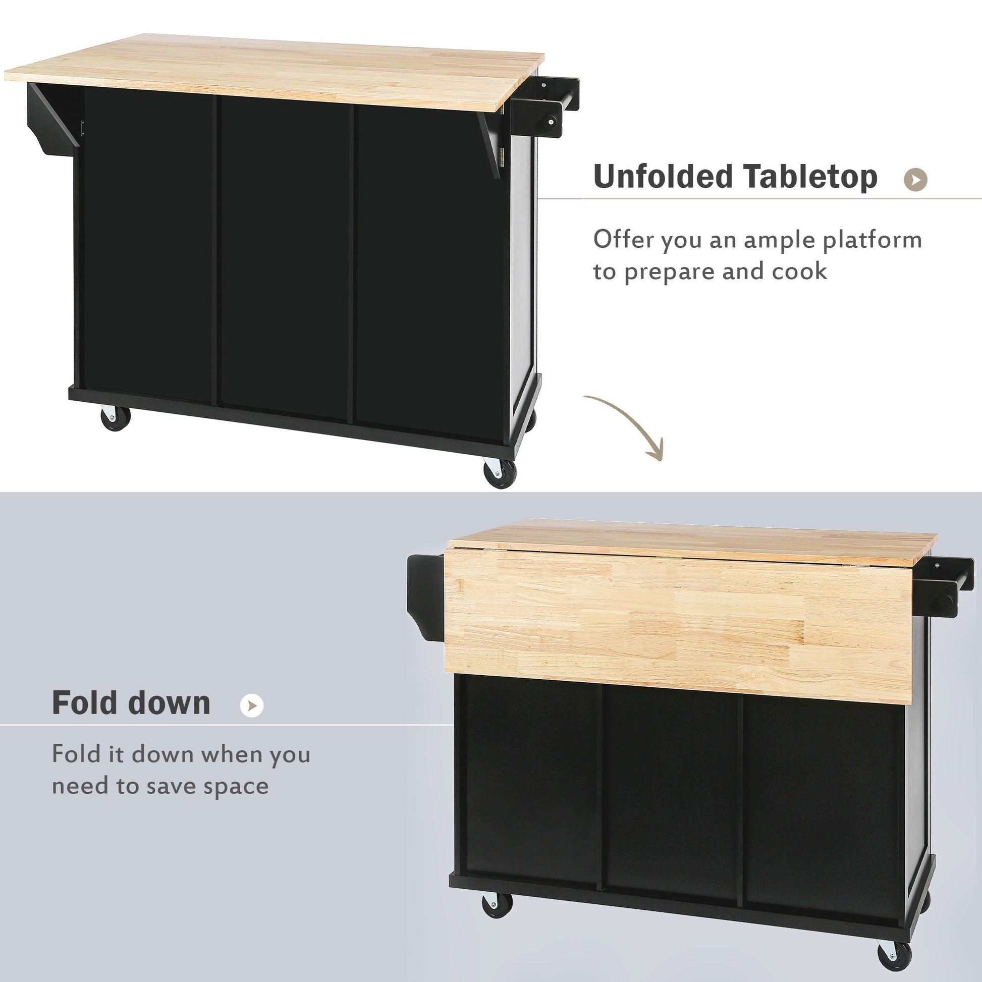 K&K Mobile Kitchen Island Cart with Drop Leaf- Black