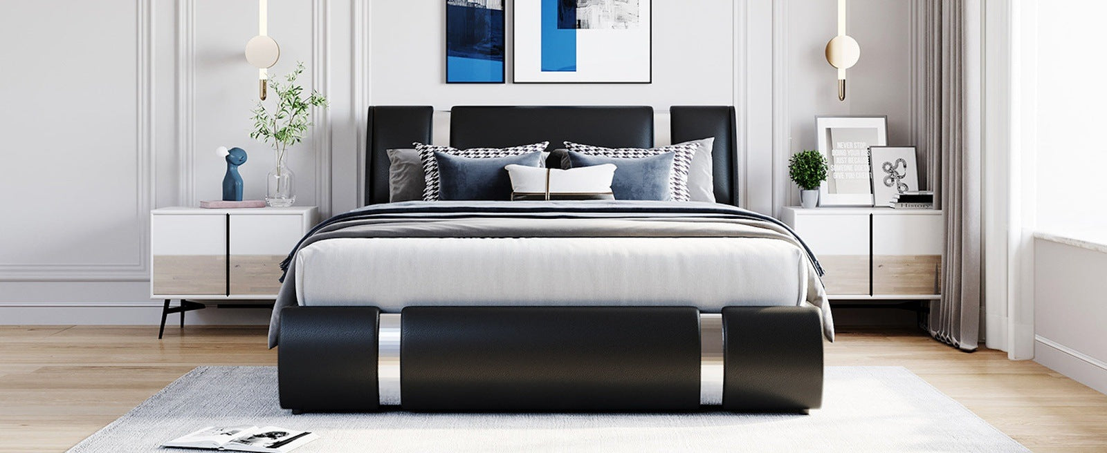 Modern Faux Leather Platform Bed with a Hydraulic Storage System