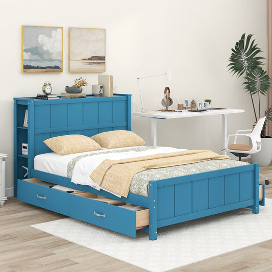 WM Store Full Size Platform Bed with Shelves & Storage Trundle - Blue