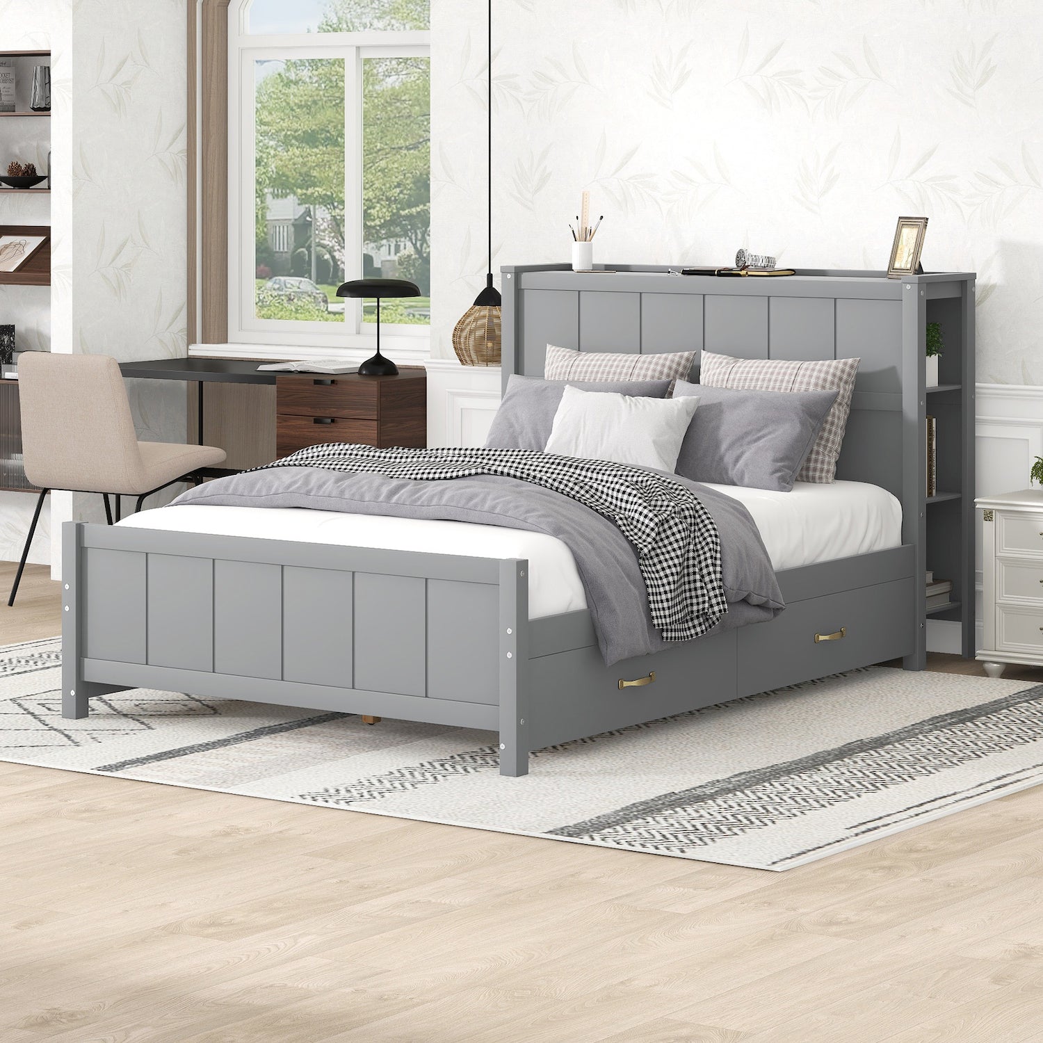 WM Store Full Size Platform Bed with Shelves & Storage Trundle - Gray