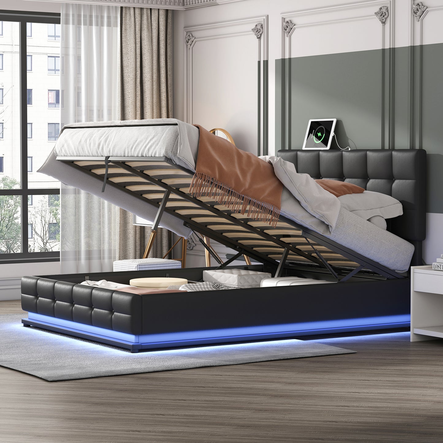 Mabin Modern Hydraulic Lift Platform Bed with LED Lights - Black