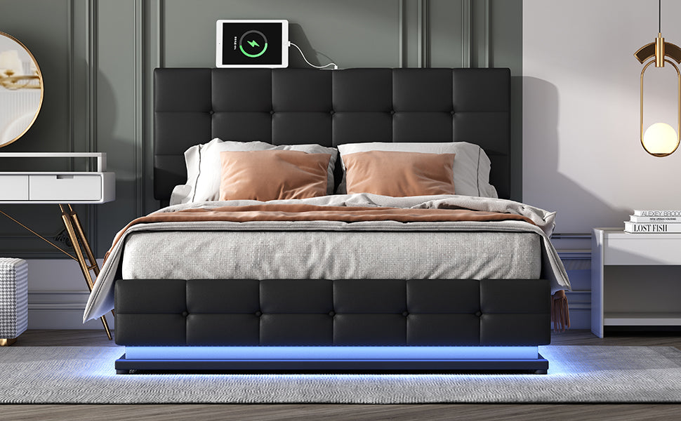 Mabin Modern Hydraulic Lift Platform Bed with LED Lights - Black