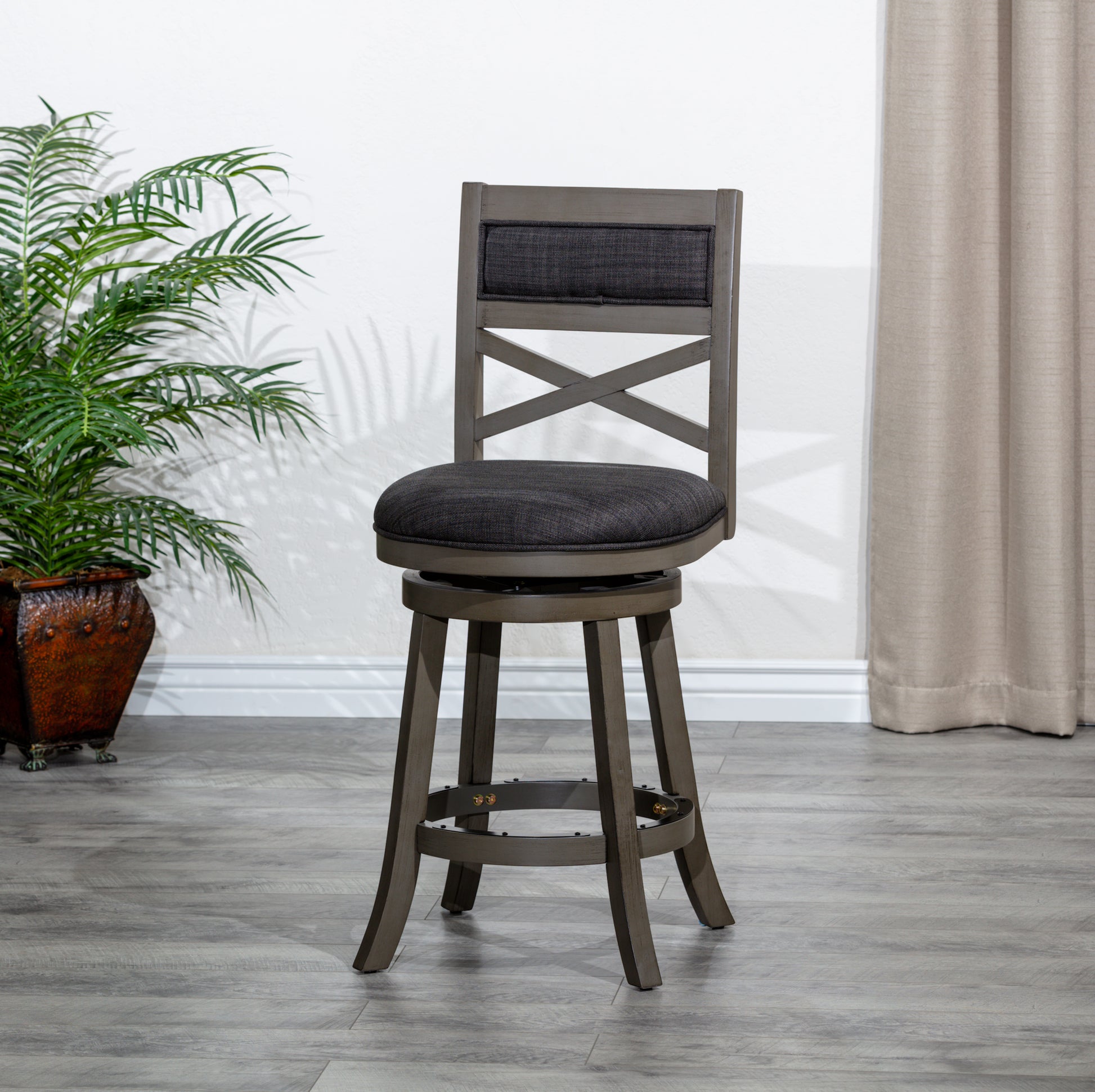 DTY Home 30" Swivel Bar Stool in Weathered Gray with Charcoal Fabric Seat