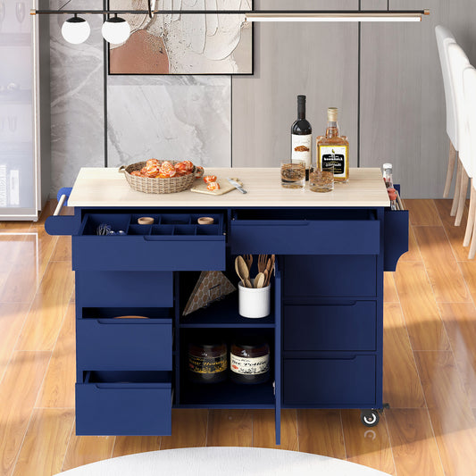 K&K Kitchen Island Cart with 8 Drawers - Dark Blue